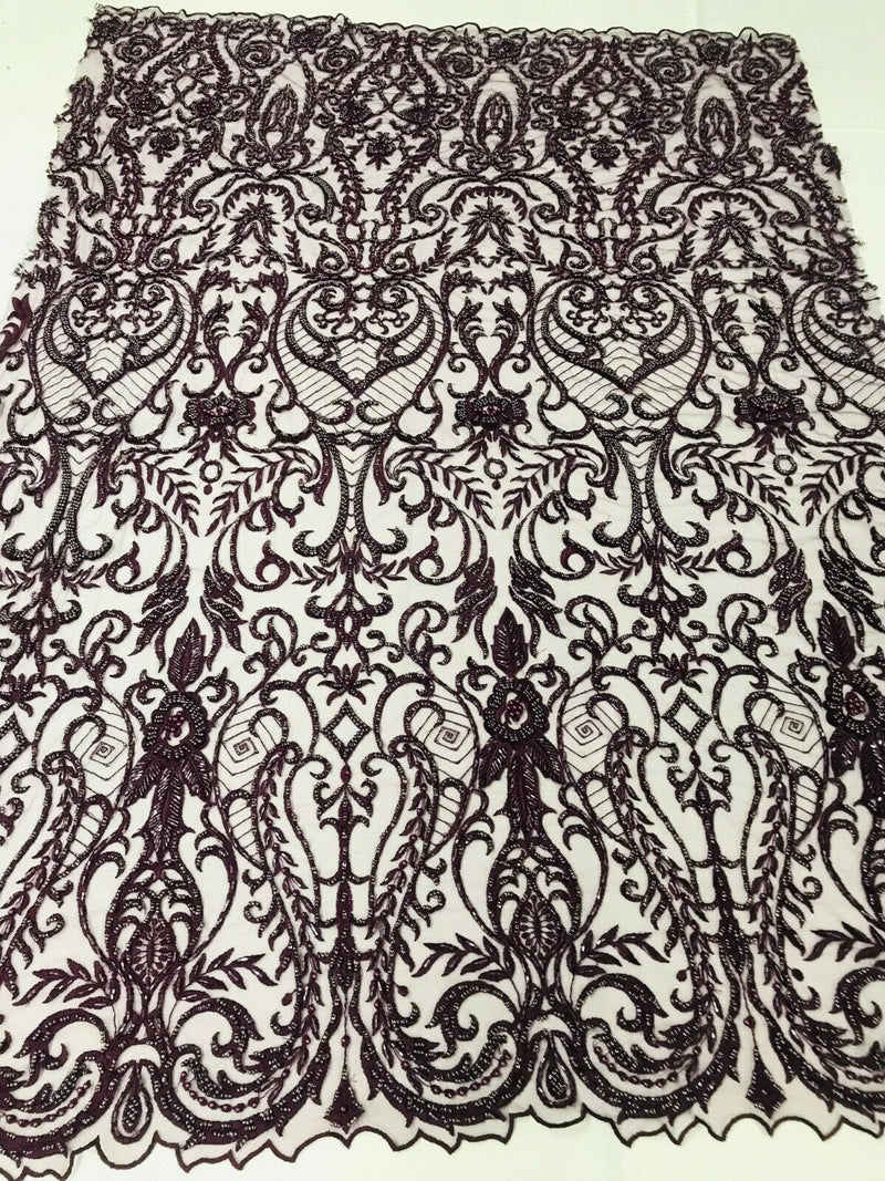 Glam Damask Beaded Fabric, Plum - Embroidered Fashion Fabric with Beads Wedding Bridal Sold By Yard