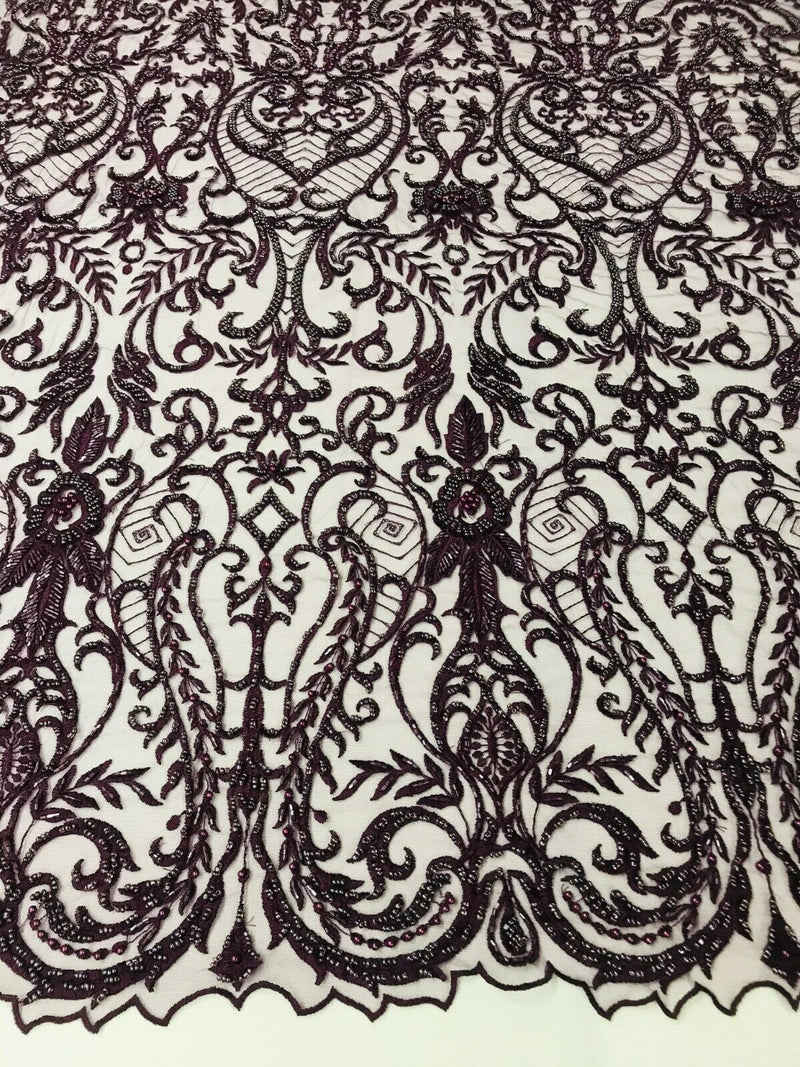 Glam Damask Beaded Fabric, Plum - Embroidered Fashion Fabric with Beads Wedding Bridal Sold By Yard