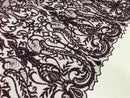 Glam Damask Beaded Fabric, Plum - Embroidered Fashion Fabric with Beads Wedding Bridal Sold By Yard