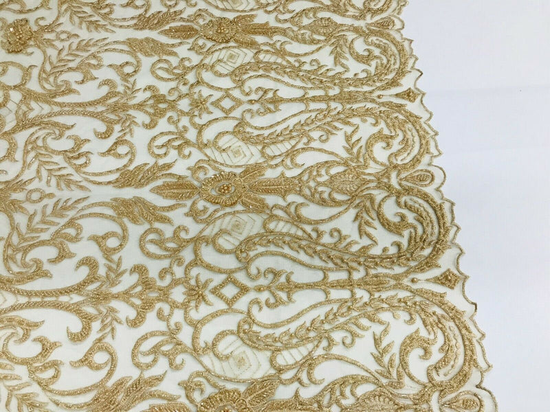 Glam Damask Beaded Fabric, Honey Gold - Embroidered Fashion Fabric with Beads Wedding Bridal Sold By Yard