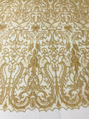 Glam Damask Beaded Fabric, Honey Gold - Embroidered Fashion Fabric with Beads Wedding Bridal Sold By Yard