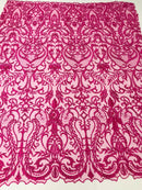 Glam Damask Beaded Fabric, Fuchsia - Embroidered Fashion Fabric with Beads Wedding Bridal Sold By Yard