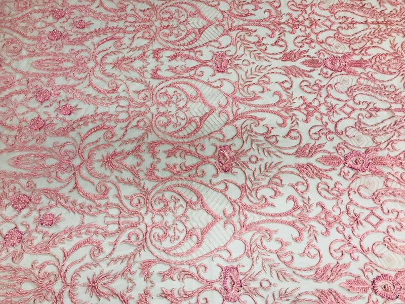 Glam Damask Beaded Fabric, Pink - Embroidered Fashion Fabric with Beads Wedding Bridal Sold By Yard