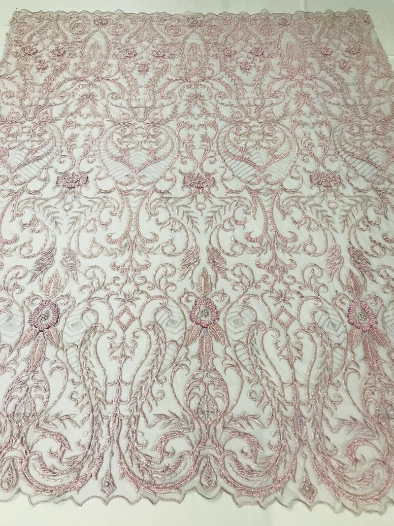 Glam Damask Beaded Fabric, Light Lilac - Embroidered Fashion Fabric with Beads Wedding Bridal Sold By Yard