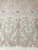 Glam Damask Beaded Fabric, Light Lilac - Embroidered Fashion Fabric with Beads Wedding Bridal Sold By Yard