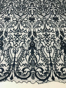 Glam Damask Beaded Fabric, Navy Blue - Embroidered Fashion Fabric with Beads Wedding Bridal Sold By Yard