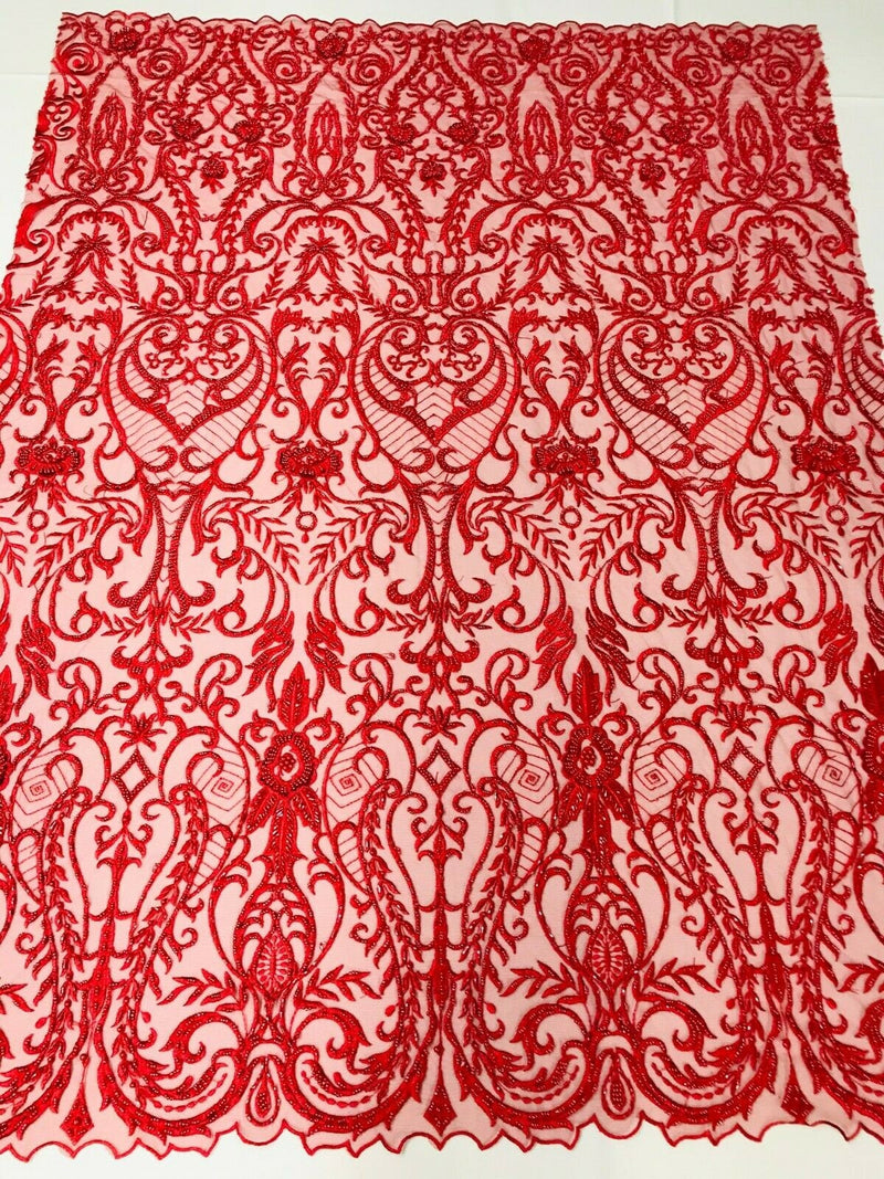 Glam Damask Beaded Fabric, Red - Embroidered Fashion Fabric with Beads Wedding Bridal Sold By Yard