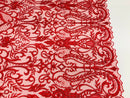 Glam Damask Beaded Fabric, Red - Embroidered Fashion Fabric with Beads Wedding Bridal Sold By Yard