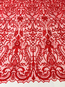 Glam Damask Beaded Fabric, Red - Embroidered Fashion Fabric with Beads Wedding Bridal Sold By Yard