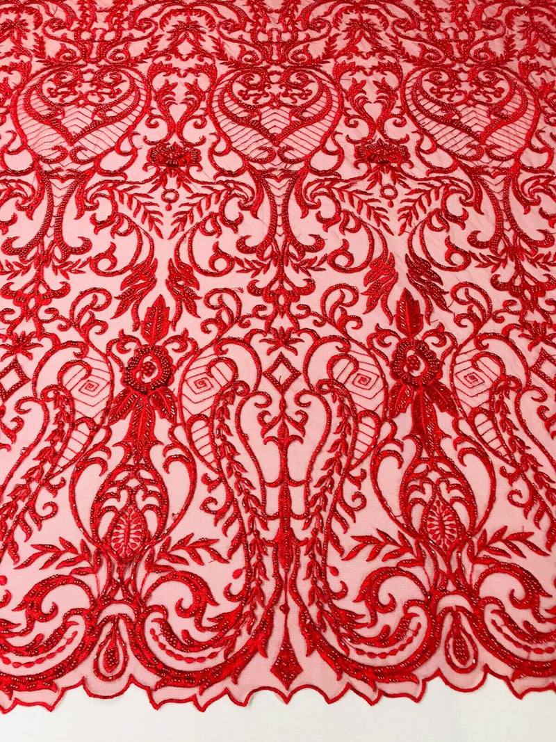 Glam Damask Beaded Fabric, Red - Embroidered Fashion Fabric with Beads Wedding Bridal Sold By Yard