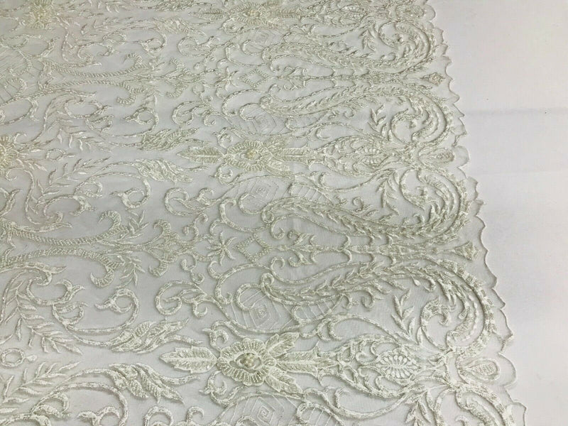 Glam Damask Beaded Fabric, Ivory - Embroidered Fashion Fabric with Beads Wedding Bridal Sold By Yard