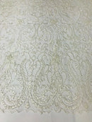 Glam Damask Beaded Fabric, Ivory - Embroidered Fashion Fabric with Beads Wedding Bridal Sold By Yard