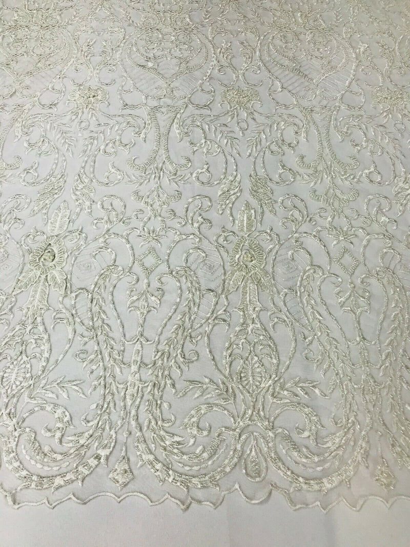 Glam Damask Beaded Fabric, Ivory - Embroidered Fashion Fabric with Beads Wedding Bridal Sold By Yard