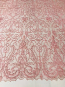 Glam Damask Beaded Fabric, Dusty Rose - Embroidered Fashion Fabric with Beads Wedding Bridal Sold By Yard