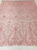 Glam Damask Beaded Fabric, Dusty Rose - Embroidered Fashion Fabric with Beads Wedding Bridal Sold By Yard