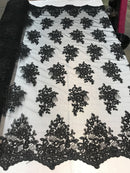 Flower Lace Fabric - Black Floral Clusters Embroidered Lace Mesh Fabric Sold By The Yard