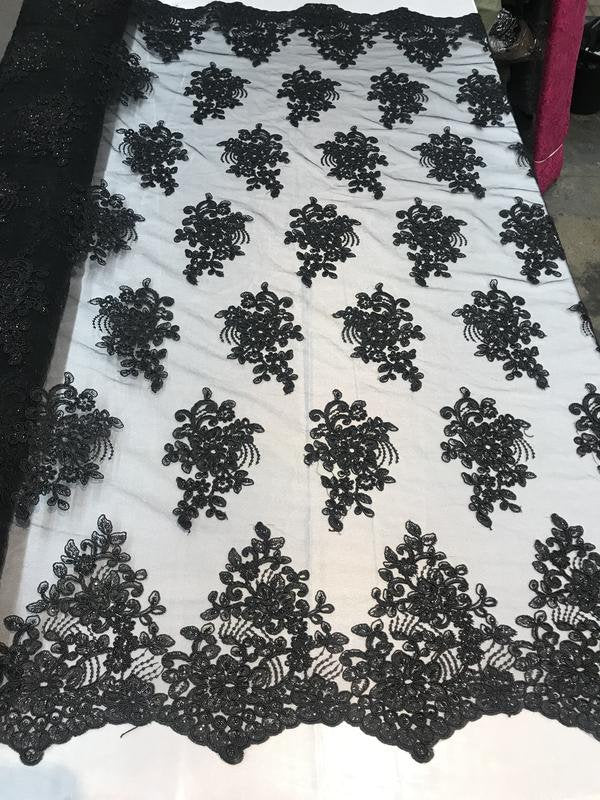 Flower Lace Fabric - Black Floral Clusters Embroidered Lace Mesh Fabric Sold By The Yard