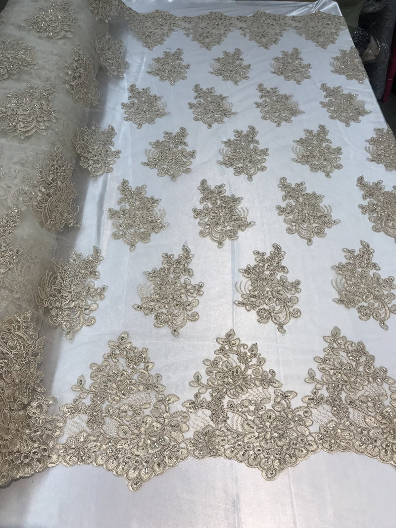 Flower Lace Fabric - Champagne Floral Clusters Embroidered Lace Mesh Fabric Sold By The Yard