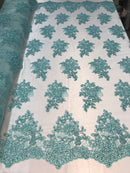 Flower Lace Fabric - Aqua/Mint Floral Clusters Embroidered Lace Mesh Fabric Sold By The Yard