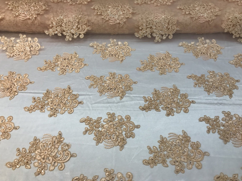 Flower Lace Fabric - Peach Floral Clusters Embroidered Lace Mesh Fabric Sold By The Yard