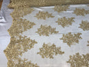 Flower Lace Fabric - Gold Floral Clusters Embroidered Lace Mesh Fabric Sold By The Yard