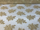 Flower Lace Fabric - Gold Floral Clusters Embroidered Lace Mesh Fabric Sold By The Yard