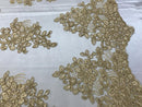 Flower Lace Fabric - Gold Floral Clusters Embroidered Lace Mesh Fabric Sold By The Yard