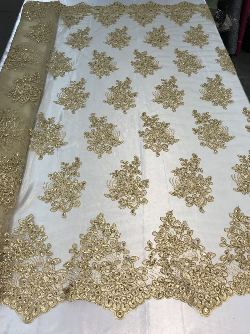 Flower Lace Fabric - Gold Floral Clusters Embroidered Lace Mesh Fabric Sold By The Yard