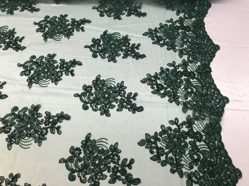 Flower Lace Fabric - Hunter Green Floral Clusters Embroidered Lace Mesh Fabric Sold By The Yard