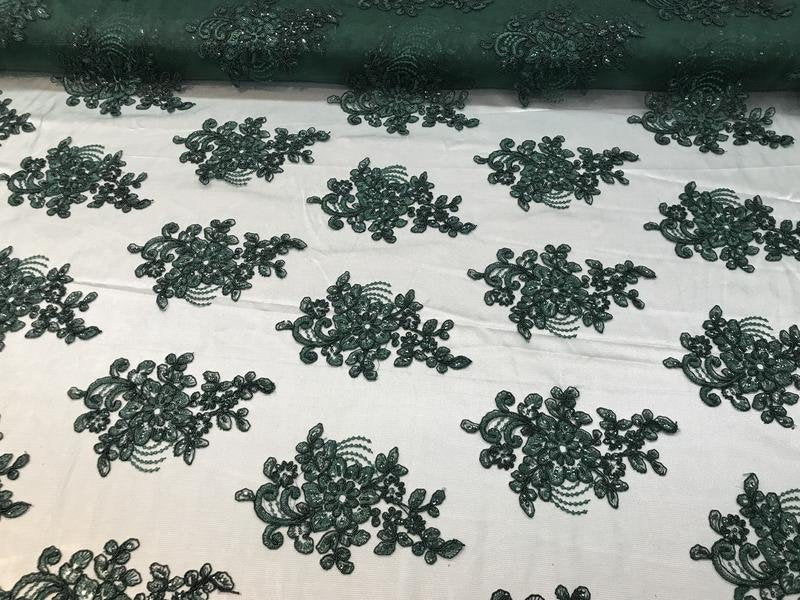 Flower Lace Fabric - Hunter Green Floral Clusters Embroidered Lace Mesh Fabric Sold By The Yard