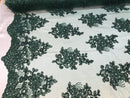 Flower Lace Fabric - Hunter Green Floral Clusters Embroidered Lace Mesh Fabric Sold By The Yard