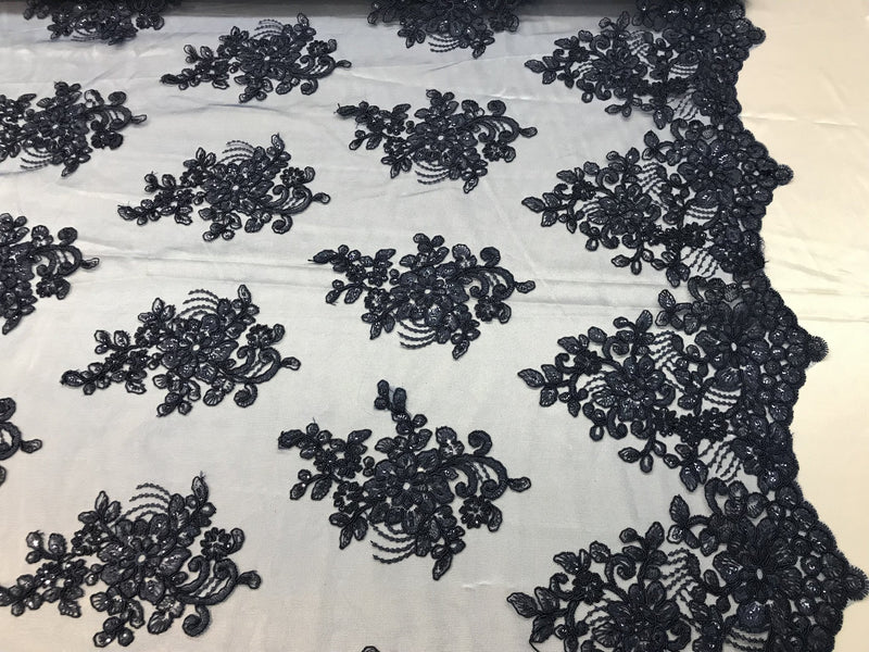 Flower Lace Fabric - Navy Blue Floral Clusters Embroidered Lace Mesh Fabric Sold By The Yard