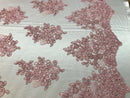 Flower Lace Fabric - Pink Floral Clusters Embroidered Lace Mesh Fabric Sold By The Yard