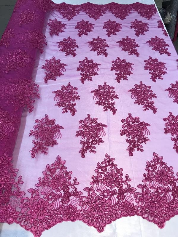 Flower Lace Fabric - Magenta Floral Clusters Embroidered Lace Mesh Fabric Sold By The Yard