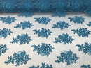 Flower Lace Fabric - Teal Floral Clusters Embroidered Lace Mesh Fabric Sold By The Yard
