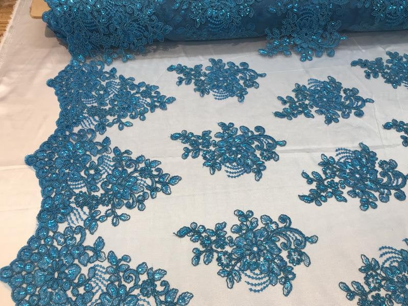 Flower Lace Fabric - Teal Floral Clusters Embroidered Lace Mesh Fabric Sold By The Yard