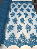 Flower Lace Fabric - Teal Floral Clusters Embroidered Lace Mesh Fabric Sold By The Yard