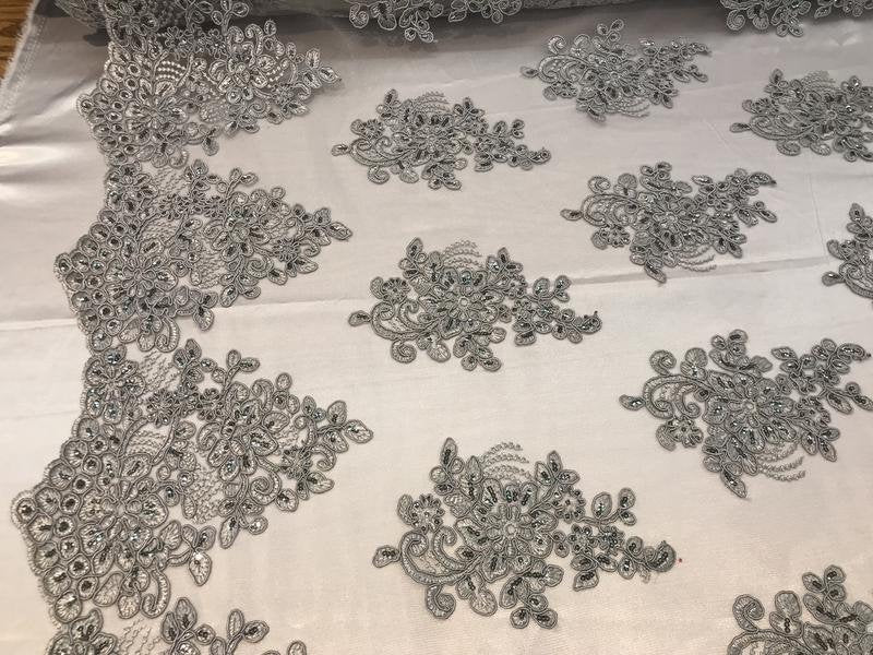Flower Lace Fabric - Silver Floral Clusters Embroidered Lace Mesh Fabric Sold By The Yard