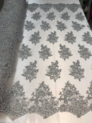 Flower Lace Fabric - Silver Floral Clusters Embroidered Lace Mesh Fabric Sold By The Yard