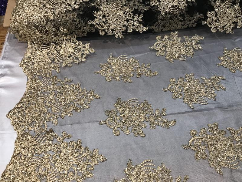 Flower Lace Fabric - Gold/Black Mesh Floral Clusters Embroidered Lace Mesh Fabric Sold By The Yard