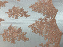 Flower Lace Fabric - Light Peach Floral Clusters Embroidered Lace Mesh Fabric Sold By The Yard