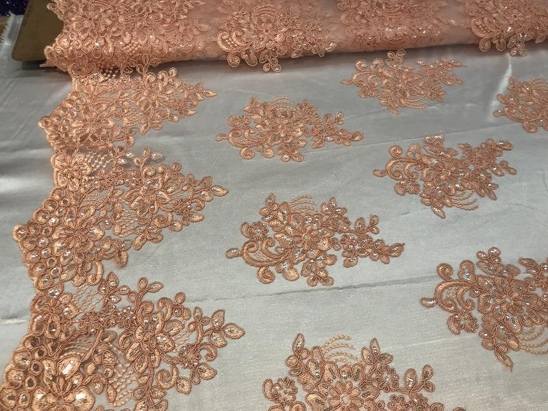 Flower Lace Fabric - Light Peach Floral Clusters Embroidered Lace Mesh Fabric Sold By The Yard