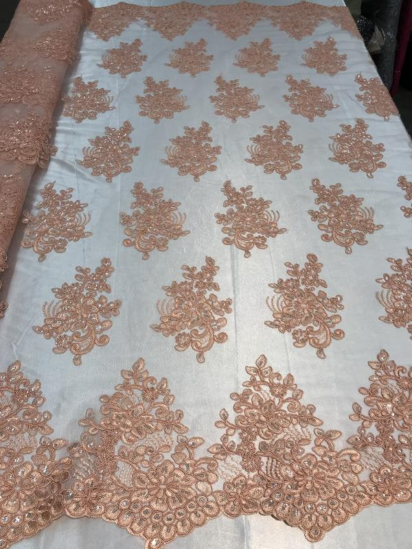 Flower Lace Fabric - Light Peach Floral Clusters Embroidered Lace Mesh Fabric Sold By The Yard