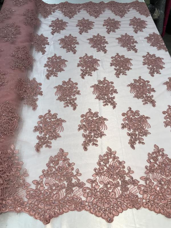 Flower Lace Fabric -Mauve Floral Clusters Embroidered Lace Mesh Fabric Sold By The Yard