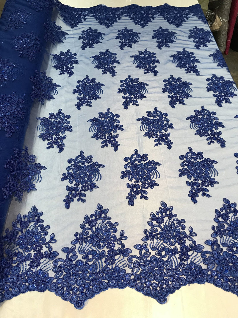 Flower Lace Fabric - Royal Blue Floral Clusters Embroidered Lace Mesh Fabric Sold By The Yard