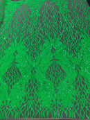 Neon Lime Sequins Lace Fabric On Nude Mesh, DAMASK Design Embroidered Mesh 4 way Stretch Sequin By The Yard -Prom-Gown ( Choose The Size )