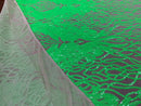 Neon Lime Sequins Lace Fabric On Nude Mesh, DAMASK Design Embroidered Mesh 4 way Stretch Sequin By The Yard -Prom-Gown ( Choose The Size )