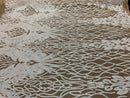 White Sequins Lace Fabric On Nude Mesh, DAMASK Design Embroidered On a Mesh 4 way Stretch Sequin By The Yard -Prom-Gown ( Choose The Size )