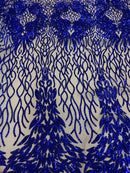 Royal Sequins Lace Fabric On Nude Mesh, DAMASK Design Embroidered On a Mesh 4 way Stretch Sequin By The Yard -Prom-Gown ( Choose The Size )