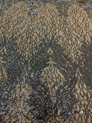 Silver Sequins Lace Fabric On Nude Mesh, DAMASK Design Embroidered On a Mesh 4 way Stretch Sequin By The Yard -Prom-Gown ( Choose The Size )